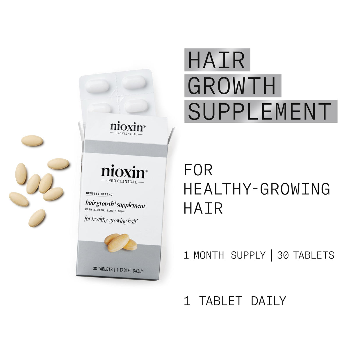 NIOXIN biotin zinc iron ingredient shot, highlighting key nutrients for hair support