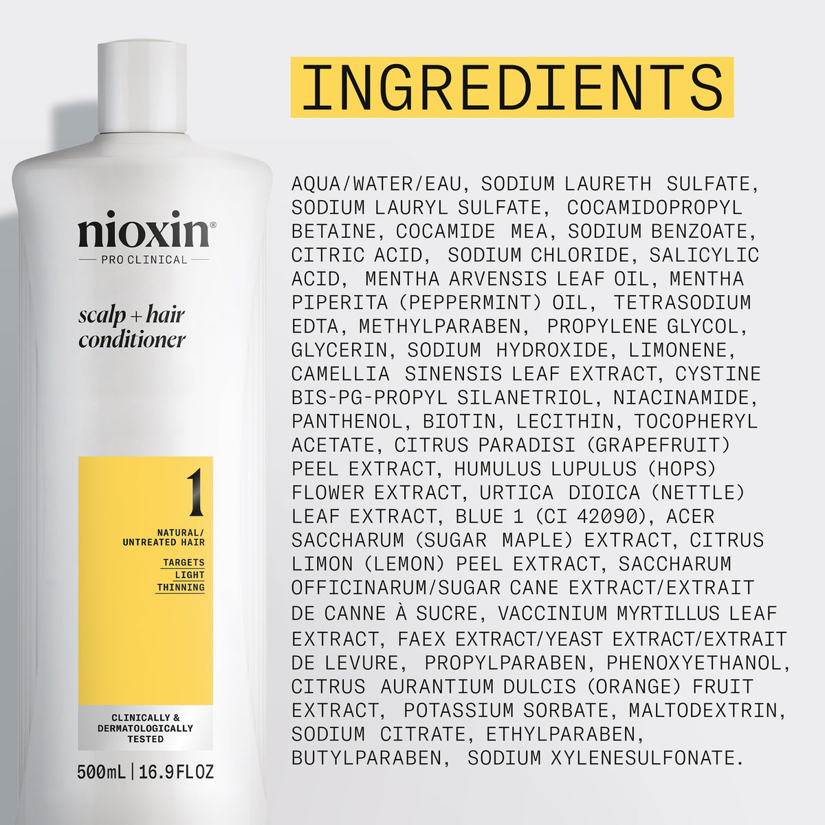 Close-up of Nioxin ingredients label emphasizing niacinamide, biotin, and formulation benefits