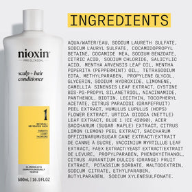Close-up of Nioxin ingredients label emphasizing niacinamide, biotin, and formulation benefits