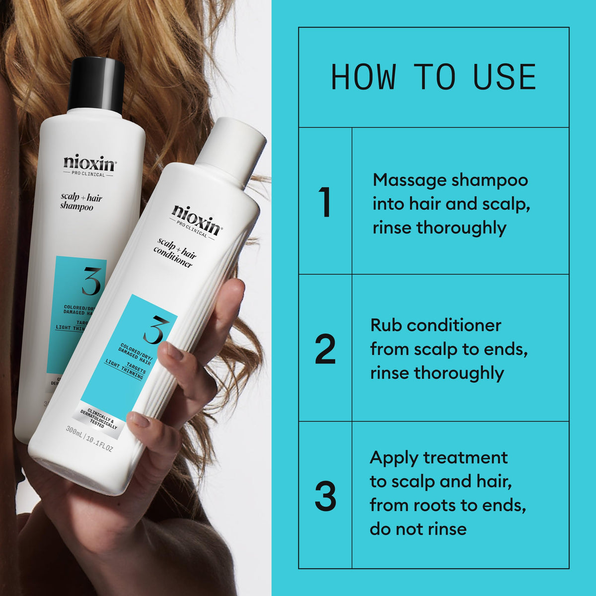Nioxin visual scale comparing strand thickness before and after use