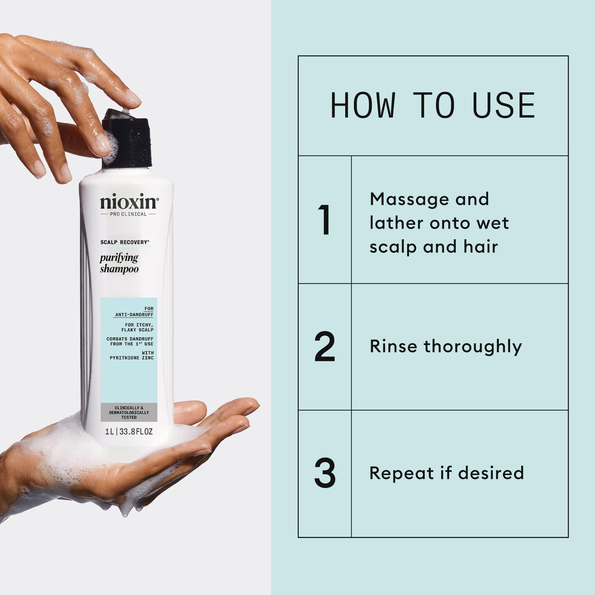 NIOXIN bottle held in hand to show 33.8 fl oz scale and salon-size convenience