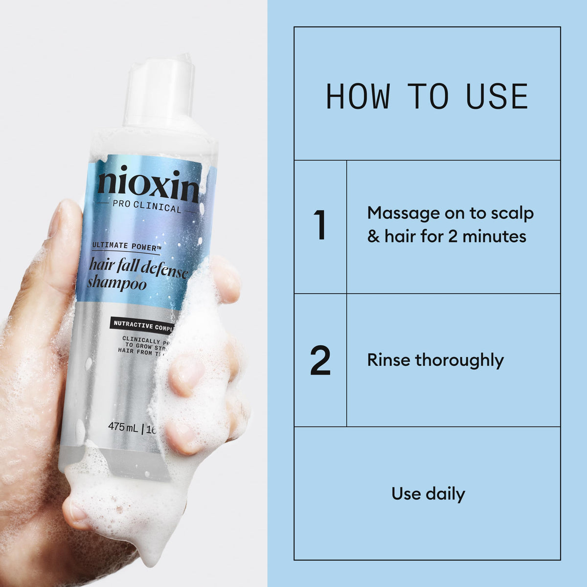 NIOXIN bottle in hand showing 16 fl oz scale and convenience