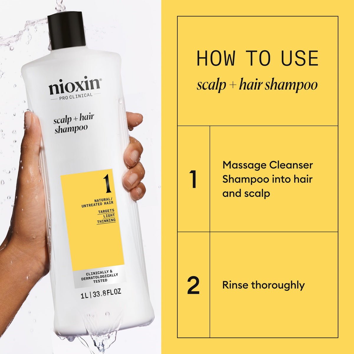 Nioxin System 1 bottle held in hand to show 33.8 fl oz scale