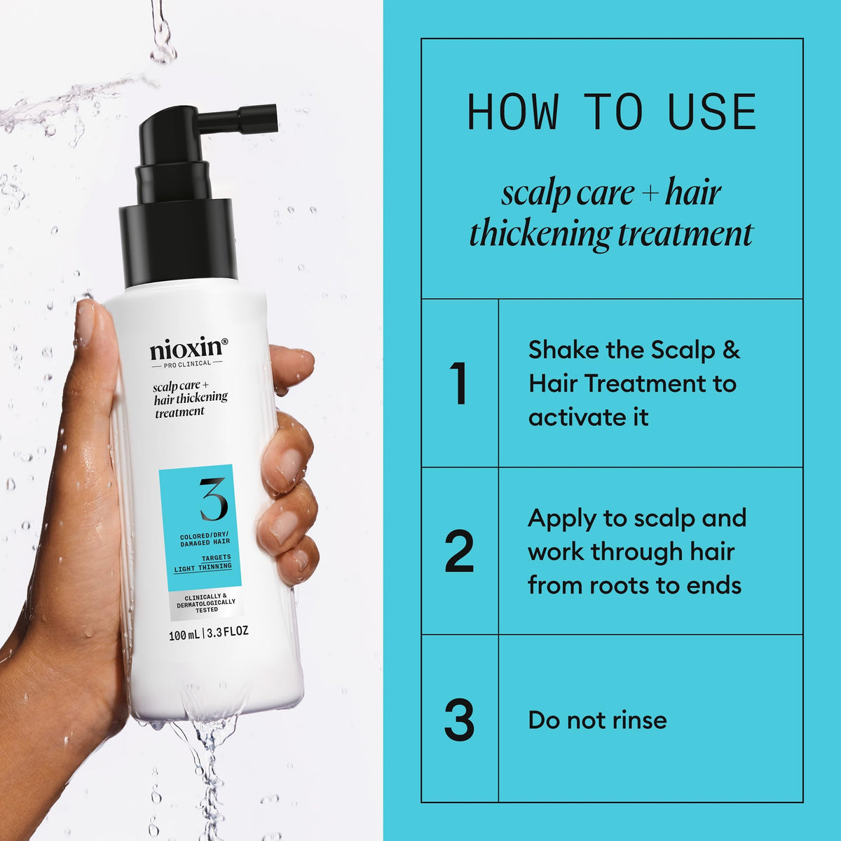 Nioxin System 3 bottle beside a hand for scale to show the 3.4 fl oz travel-friendly size