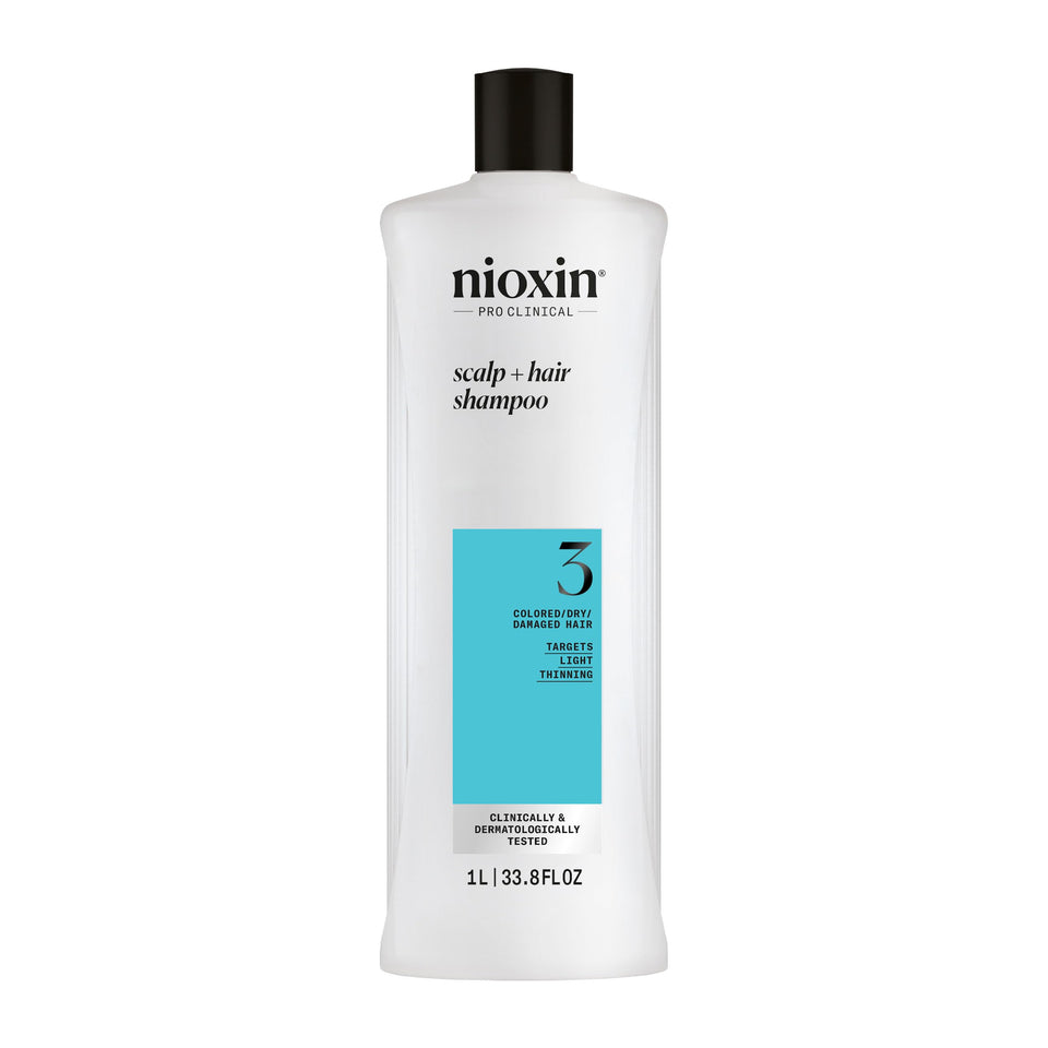Nioxin System 3 front bottle showing large 33.8 fl oz size and benefits