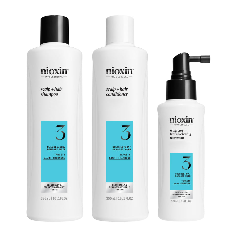 NIOXIN front packaging showing full three-step kit for thicker hair