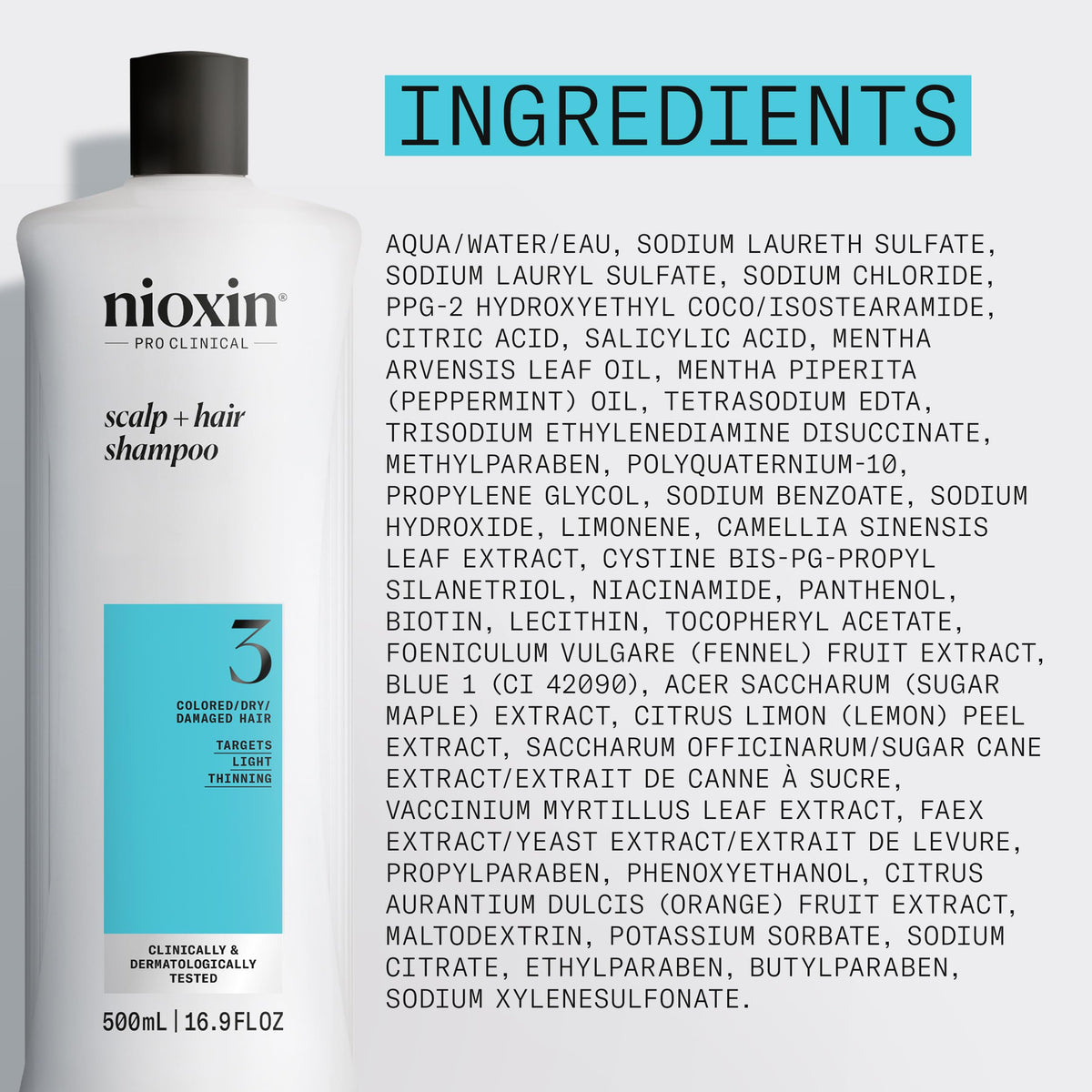 Nioxin System 3 next to a ruler demonstrating the 16.9 fl oz size