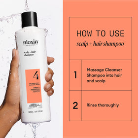 Nioxin System 4 bottle beside System 4 conditioner showing regimen pairing benefit