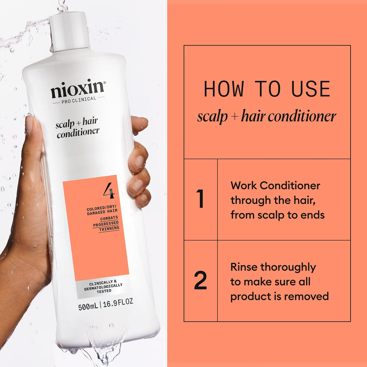 NIOXIN label close-up showing niacinamide and biotin, highlights strengthening benefits