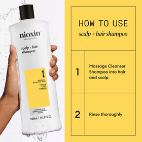 Nioxin in-shower use with hands massaging scalp to show cleansing benefit