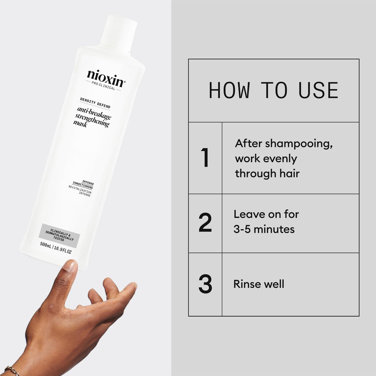 Nioxin label closeup showing ingredients and professional-strength benefit