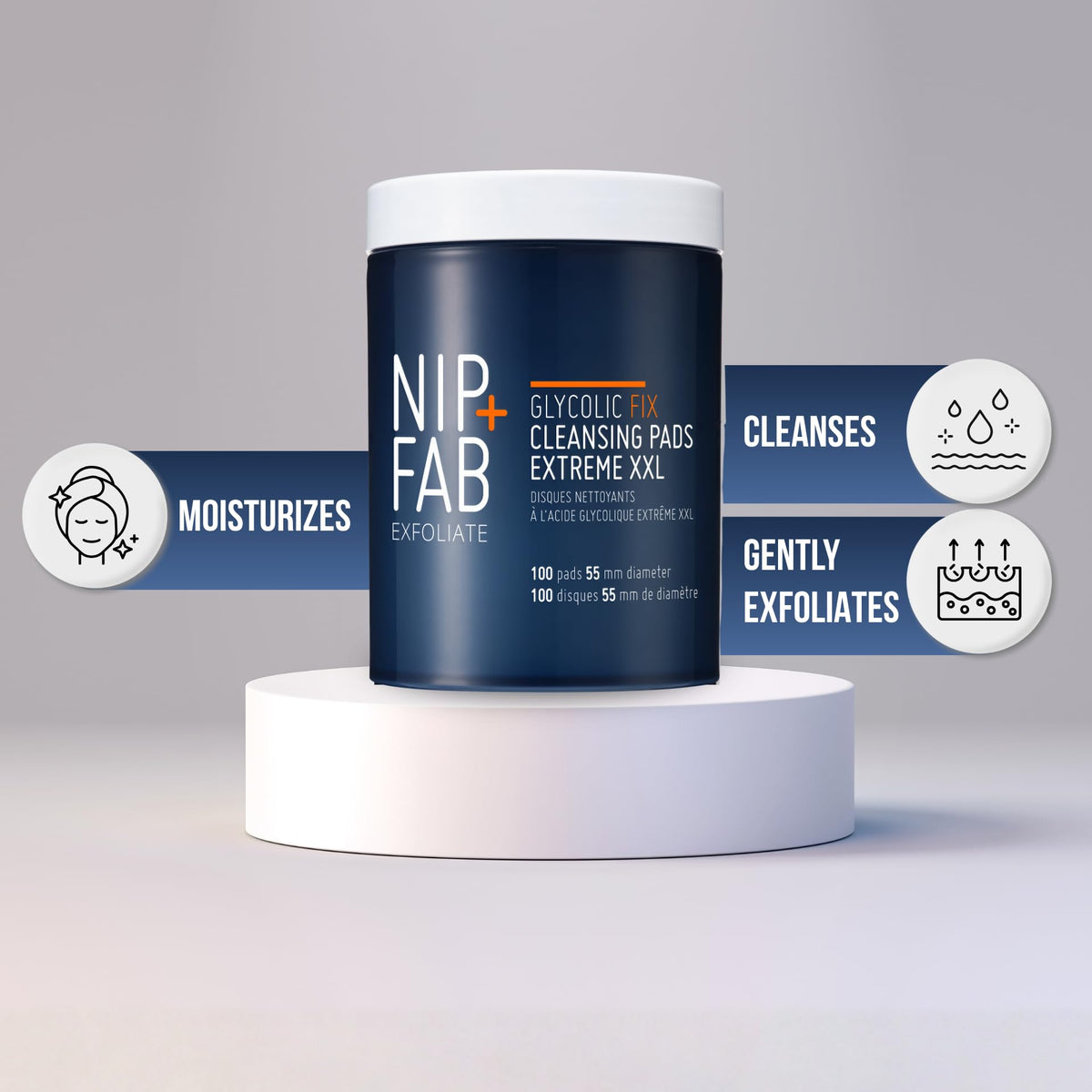Nip+Fab pads arranged with skincare bottles for routine integration benefit