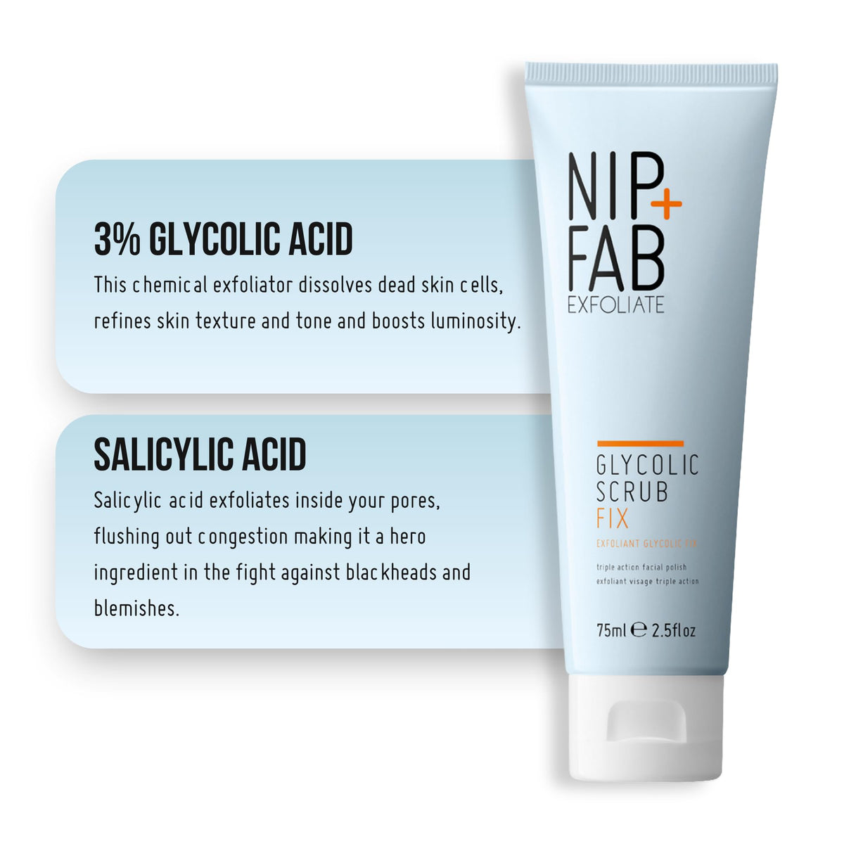 Nip+Fab product being massaged onto skin, illustrating smoothing and exfoliation