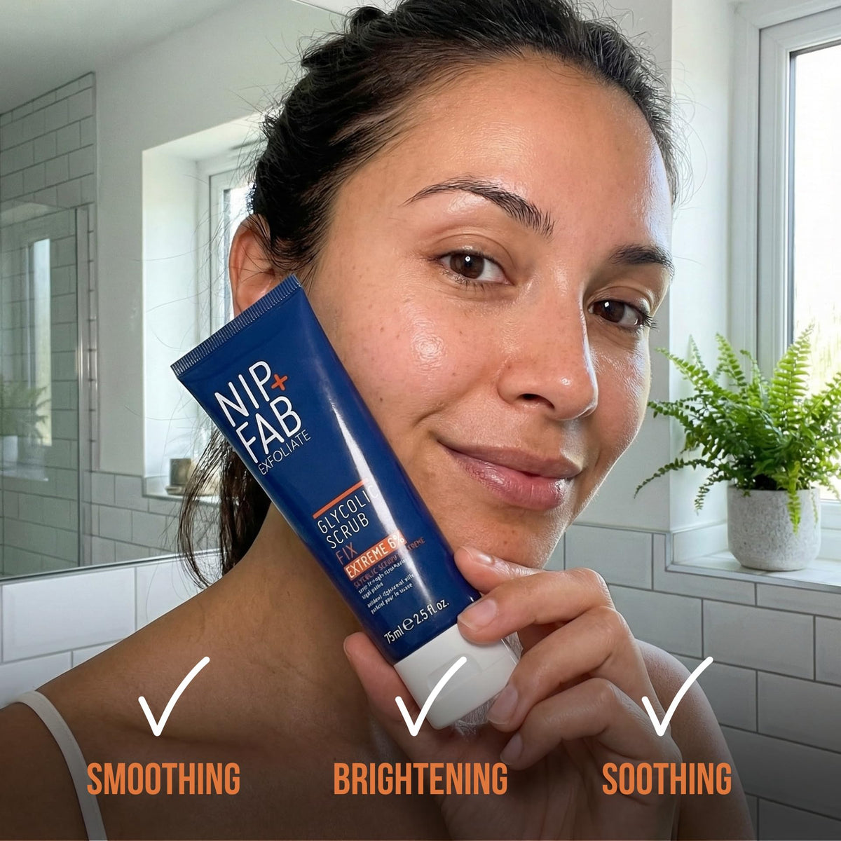 Nip+Fab tube beside coin for size reference and travel-friendly benefit