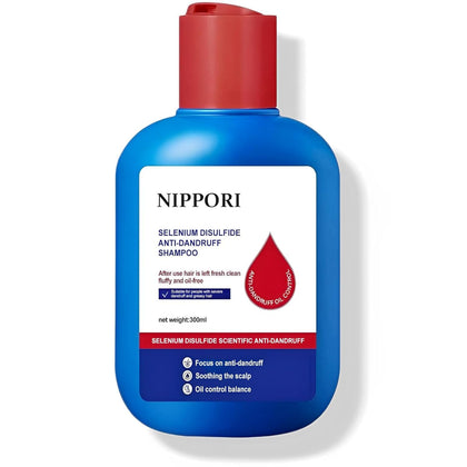 NIPPORI front bottle showing 300ml size and clear anti-dandruff branding benefits
