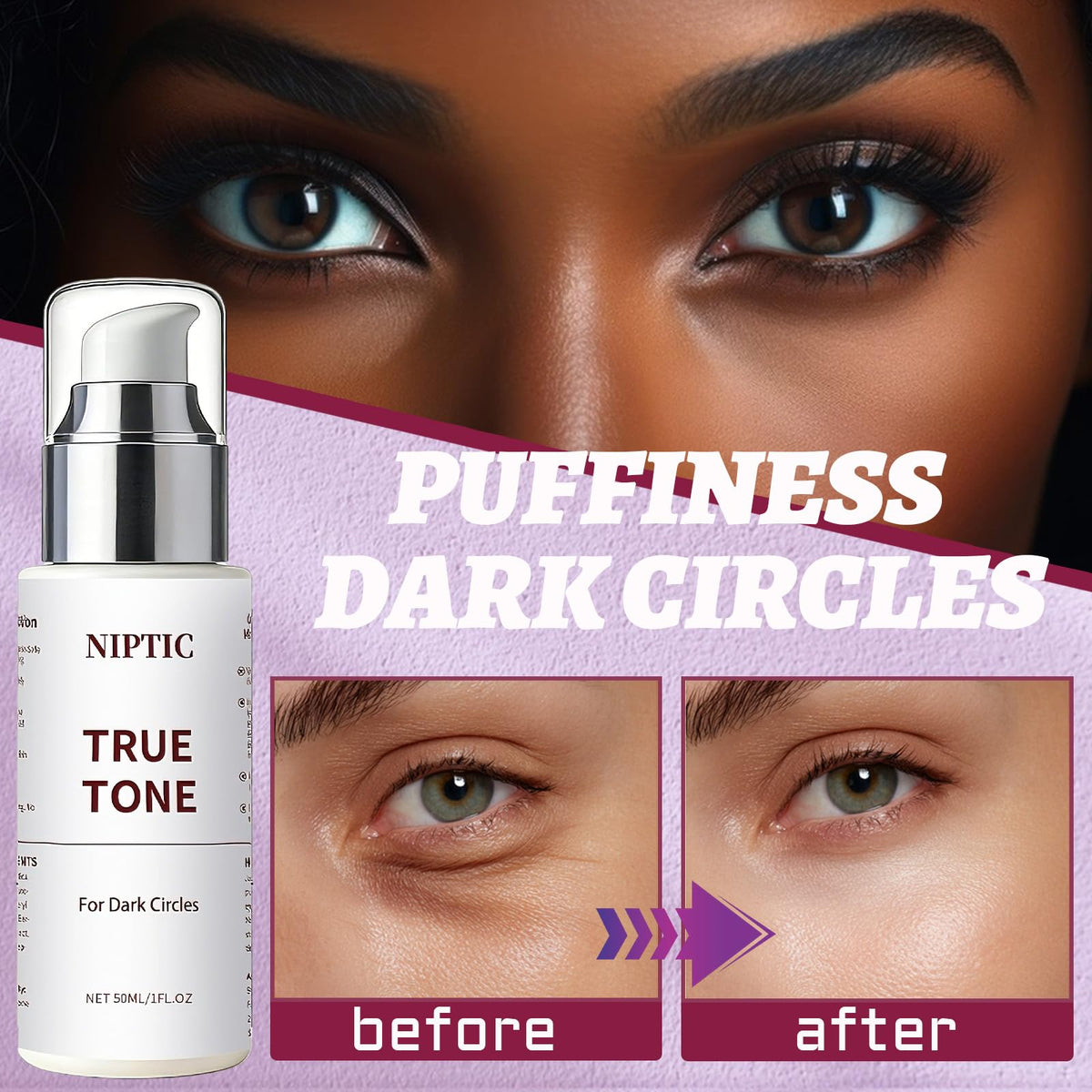 Niptic application demonstration patting cream under eye to reduce puffiness