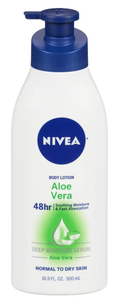 NIVEA front packaging showing bottle and aloe benefit for hydrated skin