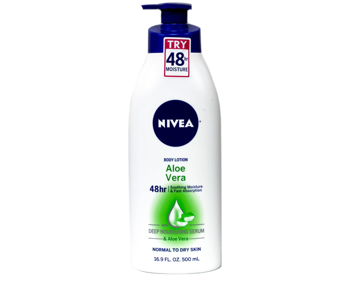 NIVEA bottle front packaging showing aloe vera label and hydration benefit