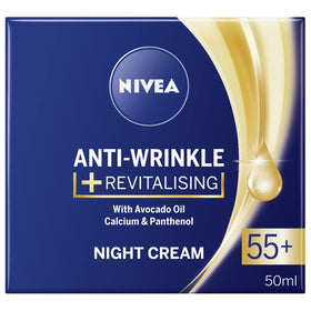 NIVEA front packaging of 55+ night cream showing product clarity and trust
