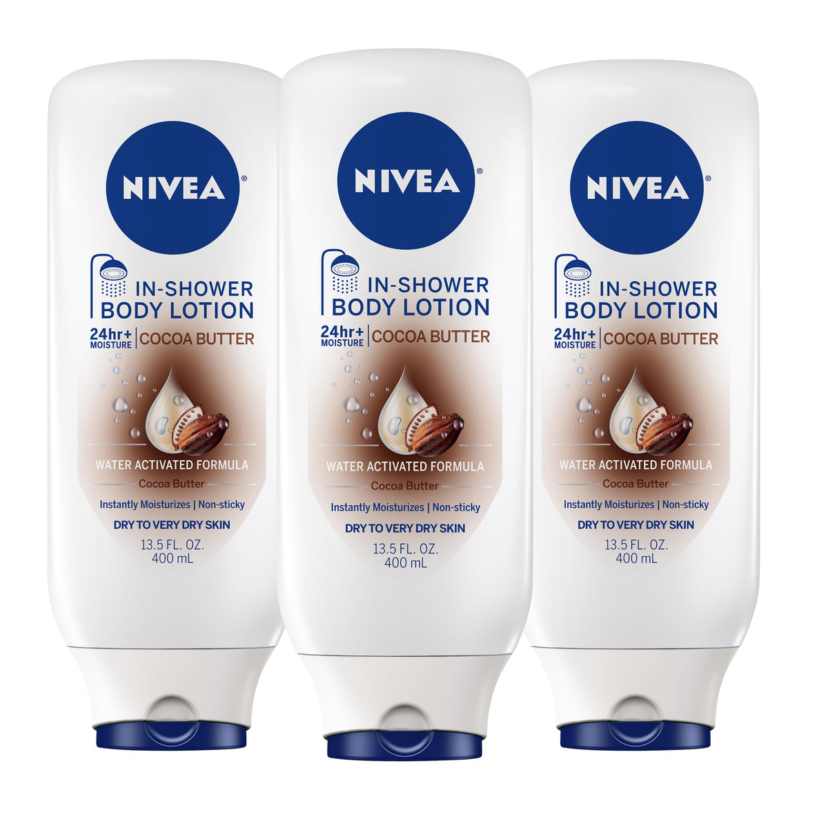 NIVEA front packaging showing bottle and cocoa butter moisturizing benefit