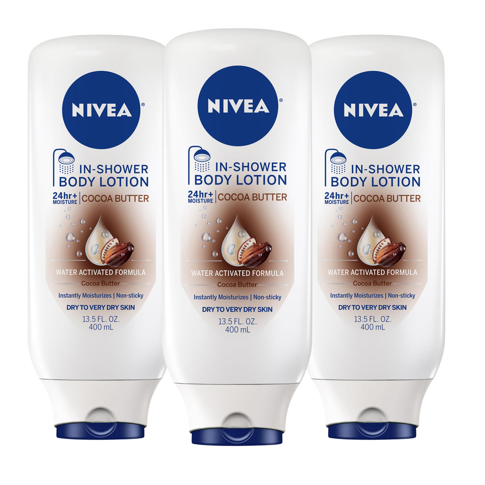 NIVEA front packaging showing bottle and cocoa butter moisturizing benefit