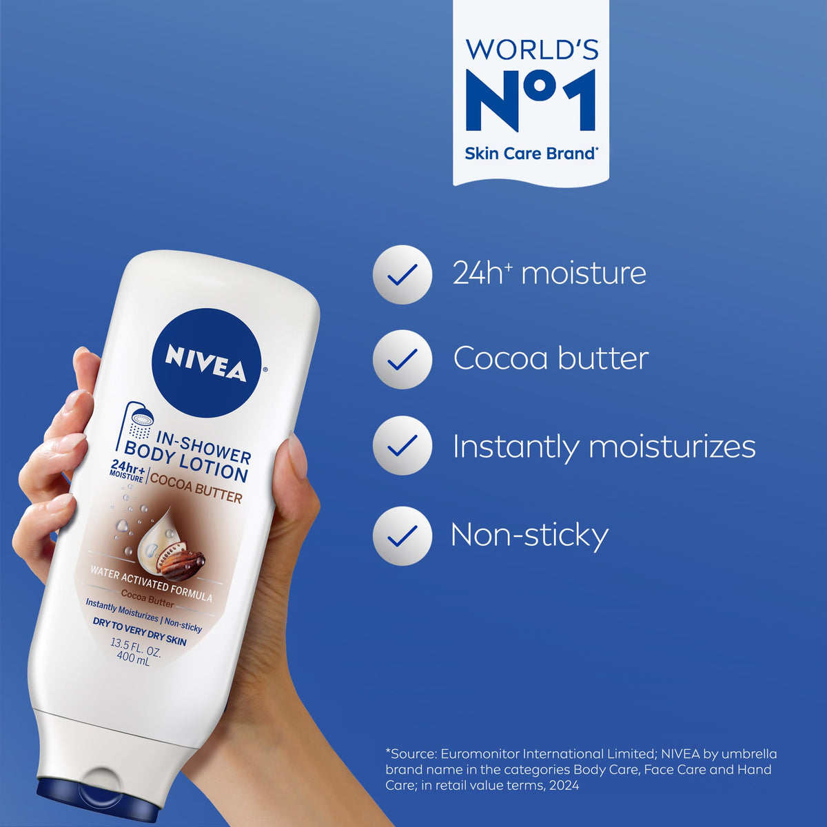 NIVEA pump dispensing lotion close-up showing silky texture and hydration