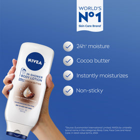 NIVEA pump dispensing lotion close-up showing silky texture and hydration