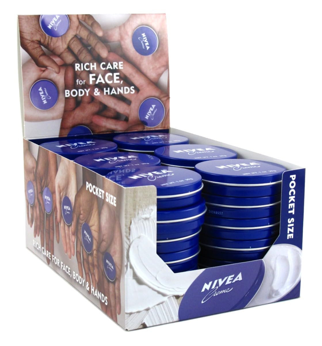NIVEA Creme 1 oz tin front view showing pack of 36 and brand convenience