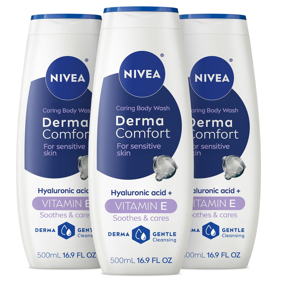NIVEA front packaging showing three bottles and product name, conveying dependable care