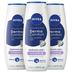 NIVEA front packaging showing three bottles and product name, conveying dependable care