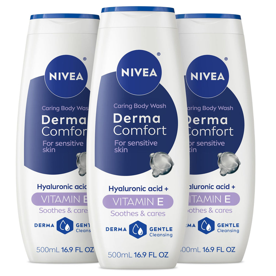NIVEA front packaging showing three bottles and product name, conveying dependable care