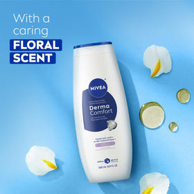 NIVEA body wash in use under shower stream, demonstrating mild daily cleansing