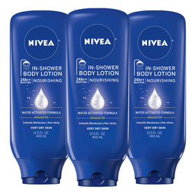 NIVEA front packaging of three-bottle set showing value pack benefit