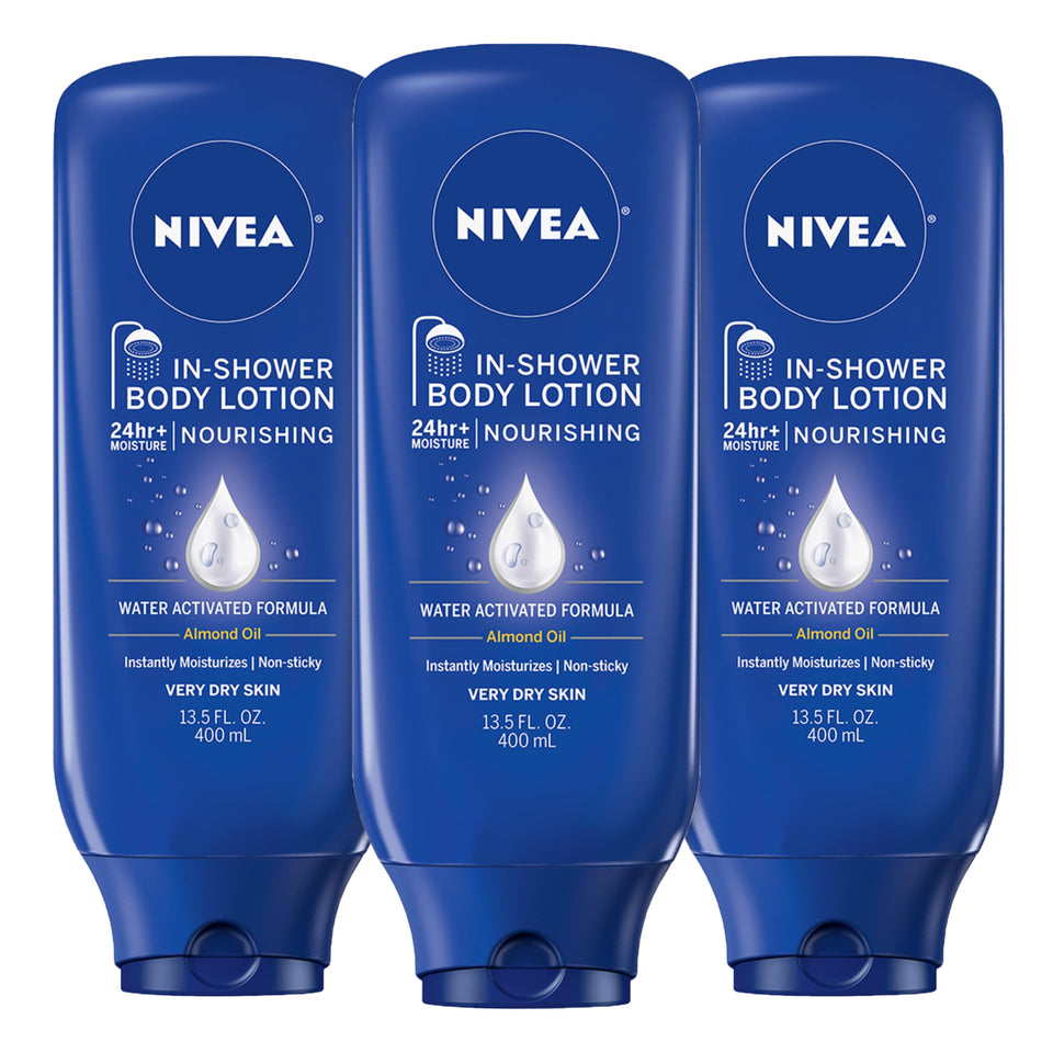 NIVEA front packaging of three-bottle set showing value pack benefit