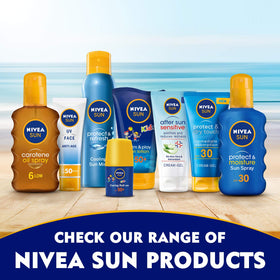 NIVEA family at beach applying lotion emphasizing water-resistant protection for outings