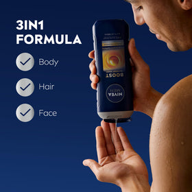 NIVEA MEN bottle label highlighting 96% recycled plastic packaging and sustainability