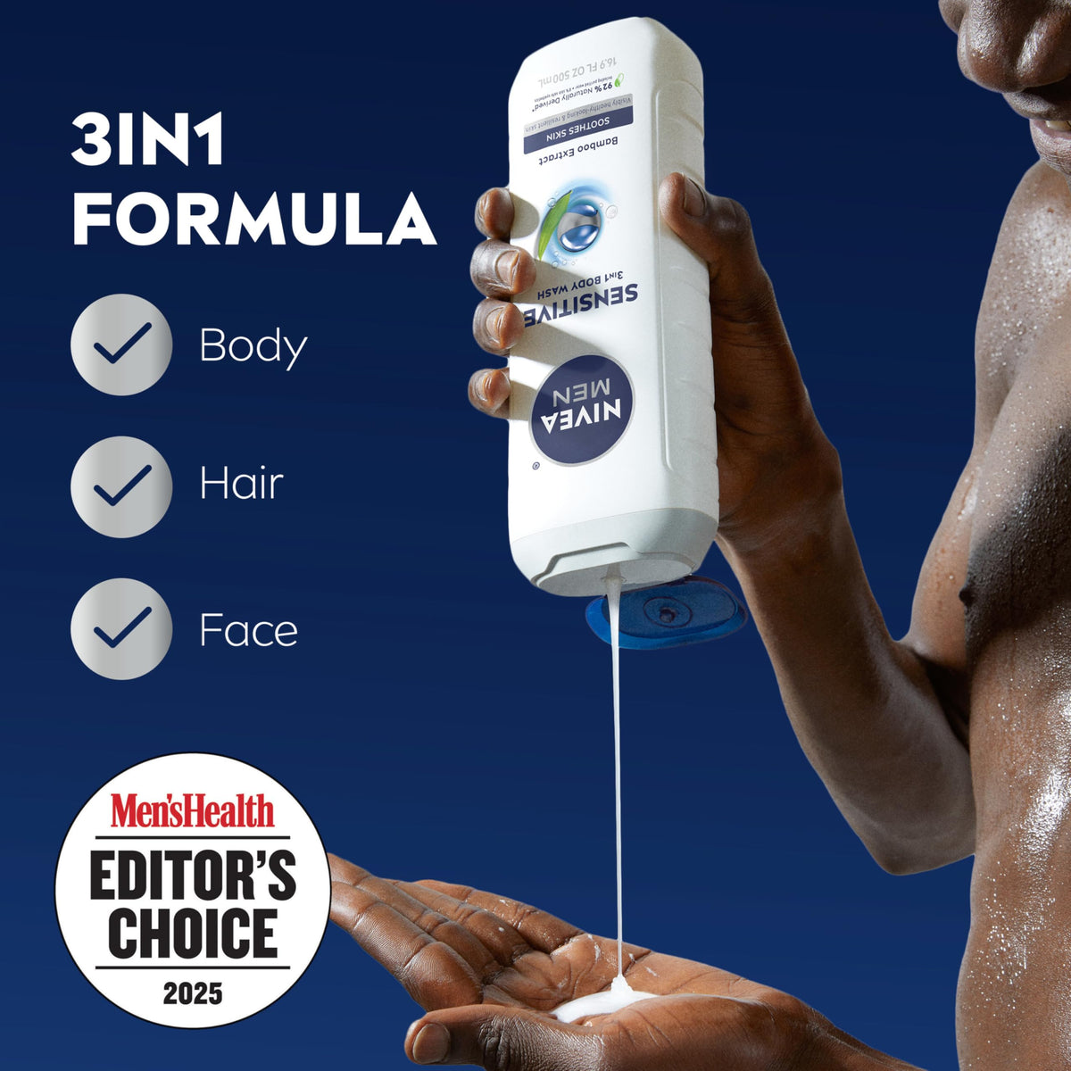 NIVEA MEN close-up label detail highlighting bamboo extract and gentle formula benefit