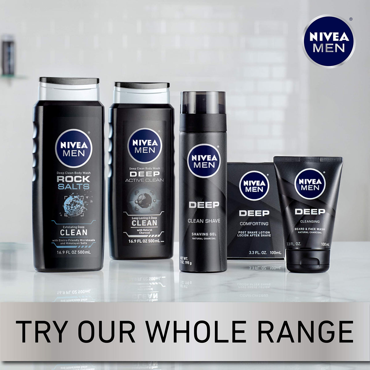 NIVEA MEN tubes on bathroom shelf illustrating daily grooming routine benefit
