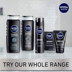 NIVEA MEN tubes on bathroom shelf illustrating daily grooming routine benefit