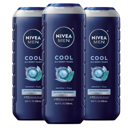 NIVEA MEN front packaging showing cool 3-in-1 bottle and benefits