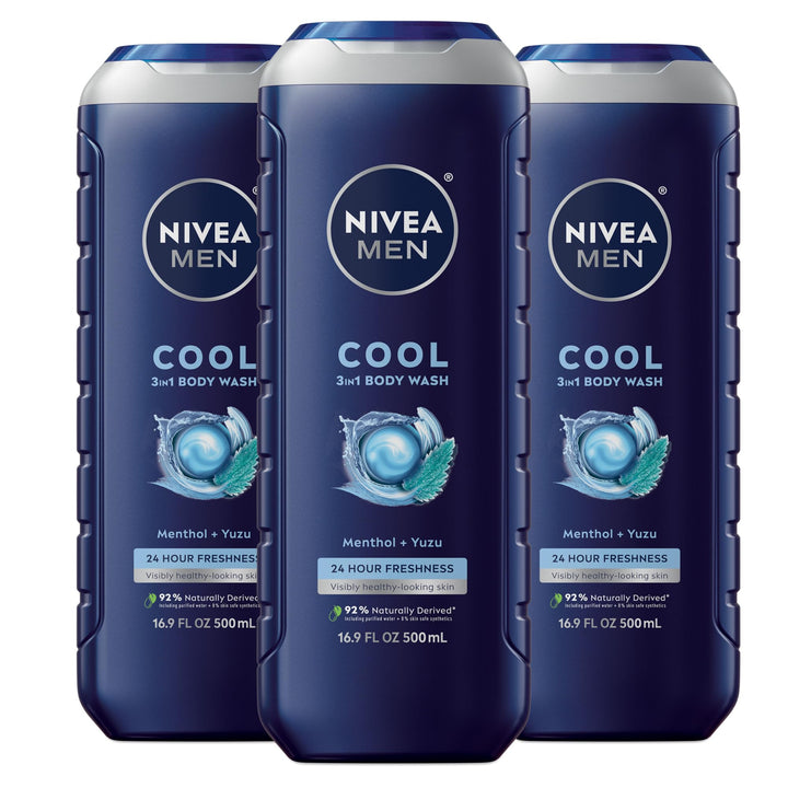 NIVEA MEN front packaging showing cool 3-in-1 bottle and benefits