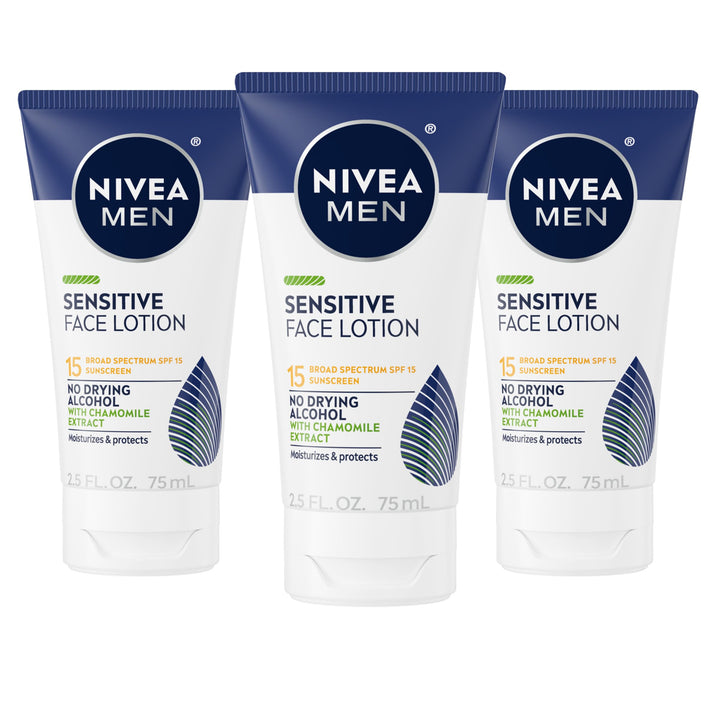 NIVEA MEN front packaging showing SPF 15 and sensitive formula benefits