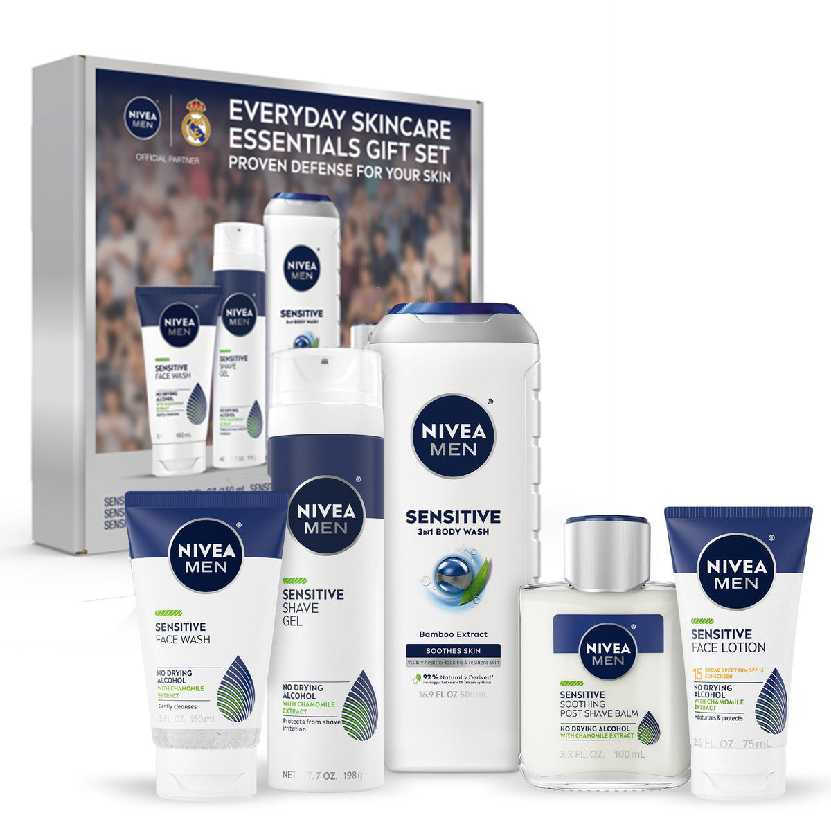 NIVEA MEN front packaging showing complete sensitive care set and convenience