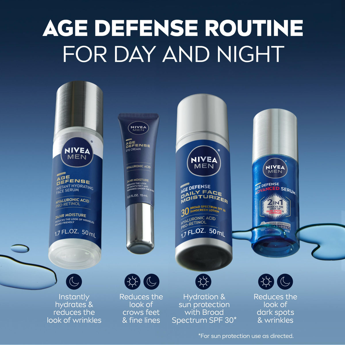 NIVEA MEN product packaging and box showing included 1 fl oz bottle benefit
