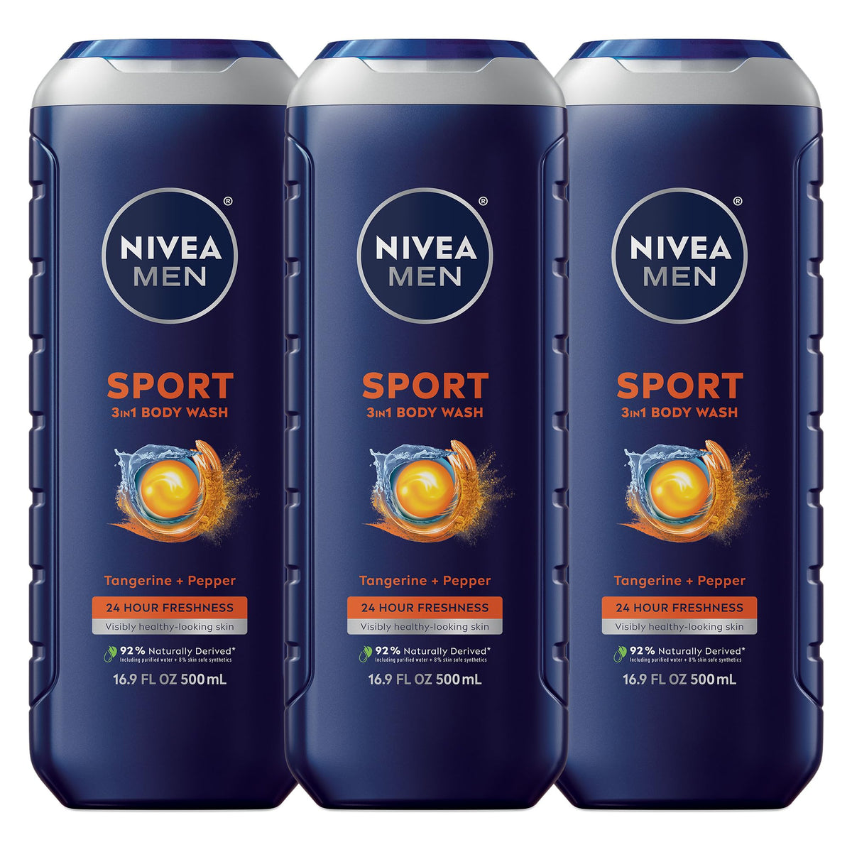 NIVEA MEN front packaging showing three-in-one benefits and fresh look