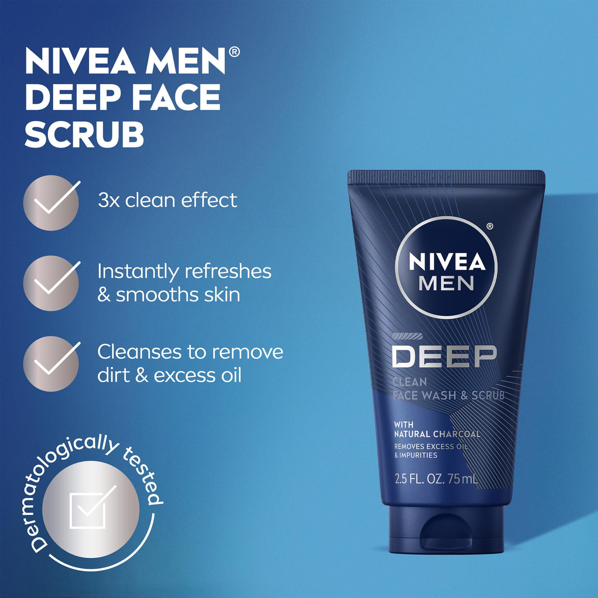 NIVEA MEN tube dispensing scrub emphasizing easy controlled application
