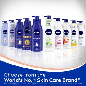 NIVEA bottle on bathroom shelf in lifestyle setting suggesting daily use
