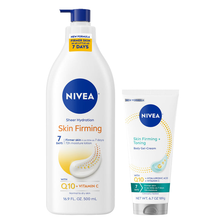 NIVEA pack front showing lotion pump and gel cream for everyday firming
