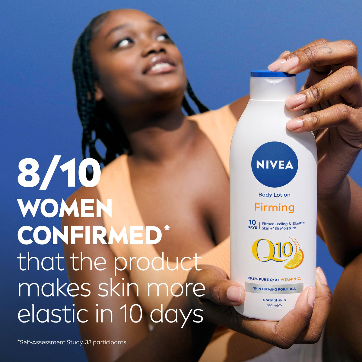 NIVEA Q10 label close-up highlighting Q10 and vitamin C ingredients benefit