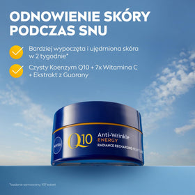 Close-up of NIVEA Q10 jar label showing ingredient highlights and trusted formulation benefit